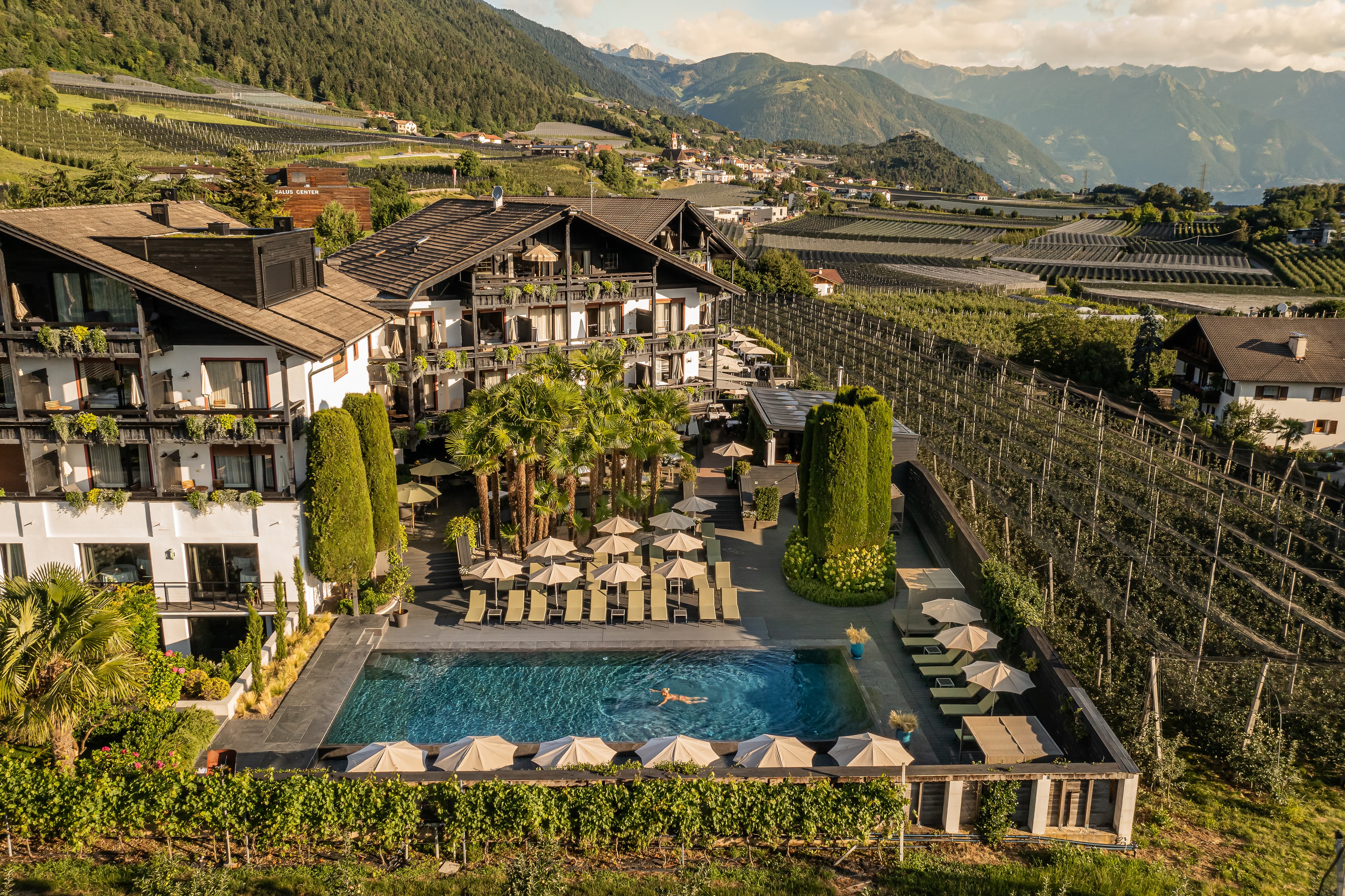 Aerial view of the hotel with pool, terrace and apple orchards - Hotel Tirolensis